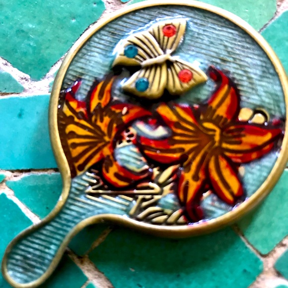 Jay Strongwater small enamel mirror w/pouch Butterfly - Picture 2 of 5